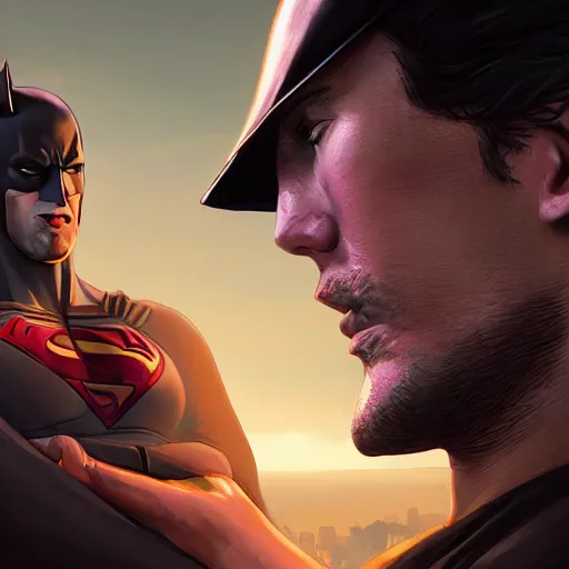 Image similar to highly detailed portrait, half batman half superman, in gta v, stephen bliss, unreal engine, fantasy art by greg rutkowski, loish, rhads, ferdinand knab, makoto shinkai and lois van baarle, ilya kuvshinov, rossdraws, tom bagshaw, global illumination, radiant light, detailed and intricate environment