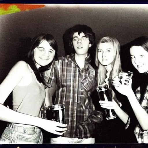 Prompt: a polaroid photo of teenagers drinking beer and having a party in the 1970s