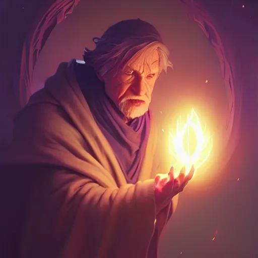 Image similar to highly detailed vfx portrait of an old mage casting a light spell, unreal engine, greg rutkowski, loish, rhads, beeple, makoto shinkai and lois van baarle, ilya kuvshinov, rossdraws, tom bagshaw, alphonse mucha, global illumination, detailed and intricate environment