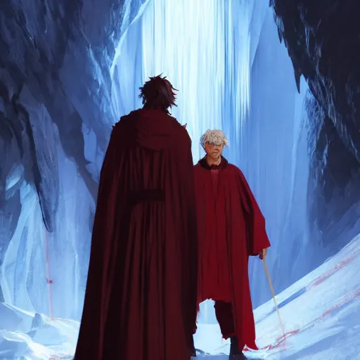 Image similar to dante alighieri and the poet virgil looking at the devil who is frozen in ice in a cavern 4 k, concept art, by wlop, ilya kuvshinov, artgerm, krenz cushart, greg rutkowski, pixiv. cinematic dramatic atmosphere, sharp focus, volumetric lighting, cinematic lighting, studio quality