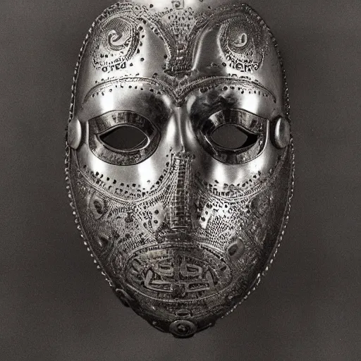 Prompt: photo portrait of 19 century brutal shiny metal face mask with fine detail engravings and runes cultist lord rich baron by Diane Arbus and Louis Daguerre