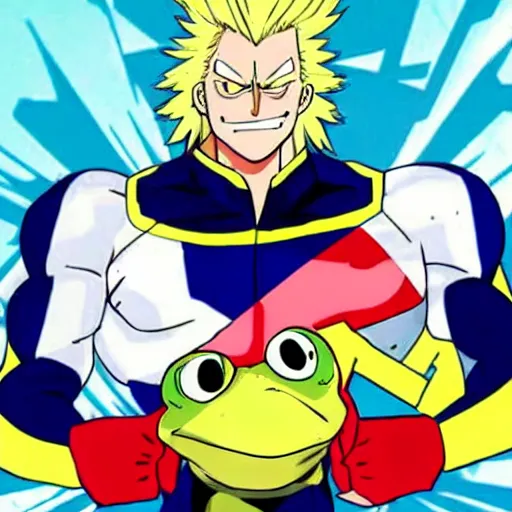 Image similar to all might from my hero academia anime holding a frog