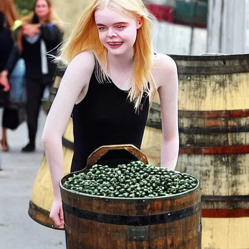 Image similar to Elle Fanning’s face emerges from a barrel filled with olives in oil