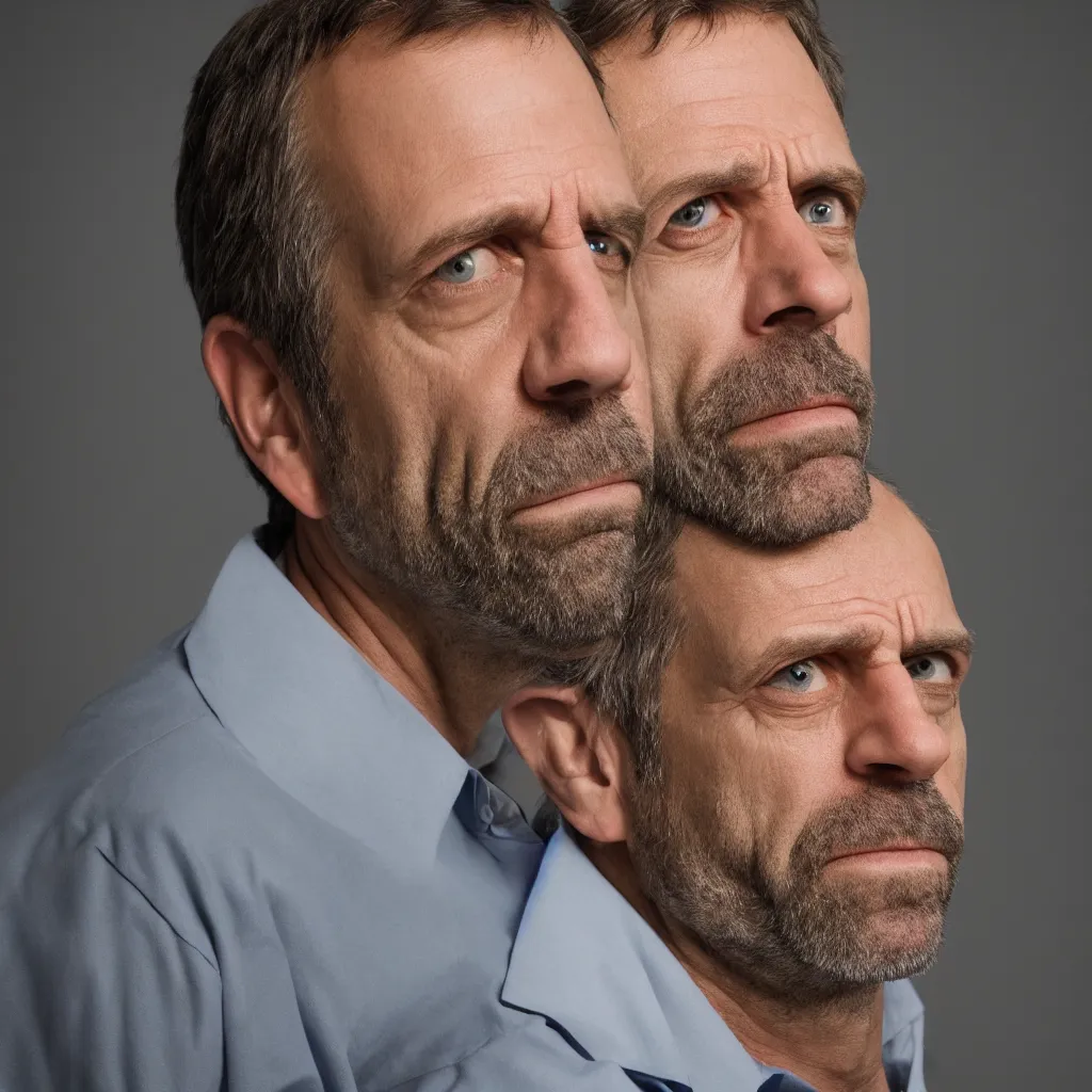 Prompt: Dr. House with grumpy face looking at the camera, portrait