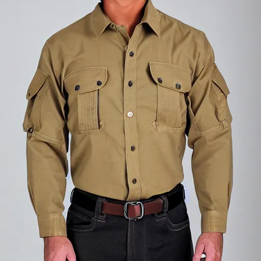 Prompt: detailed tactical cargo buckskin shirt with pouches