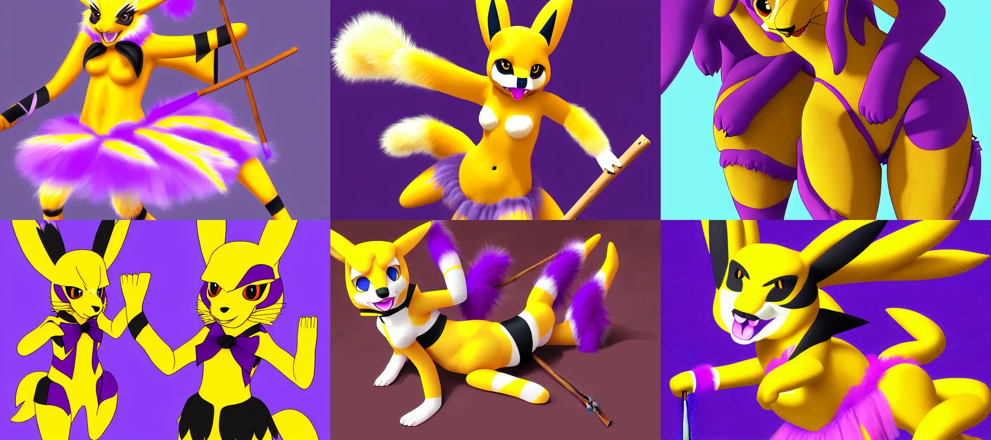 Prompt: anthro renamon (woman) in a tutu holding a stick, digital art, highly detailed, synthetic fur