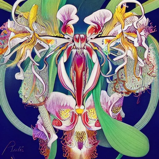 Image similar to majestic colorful orchid mantis enamel by leon bakst and yoshitaka amano, beautiful hyperdetailed art nouveau orchids, james jean, amanda sage