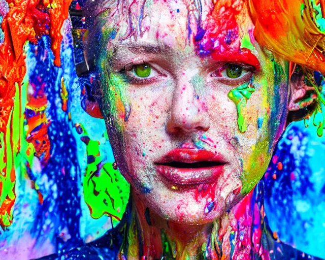 Image similar to still shot close up footage of the portrait of a female head made of acrylic pour and coloured powder explosion and splashing paint and dripping paint and flying paint chunks, motion blur, hyperrealistic, medical, intricate art photography, anatomically correct, realistic crisp textures, 1 6 k