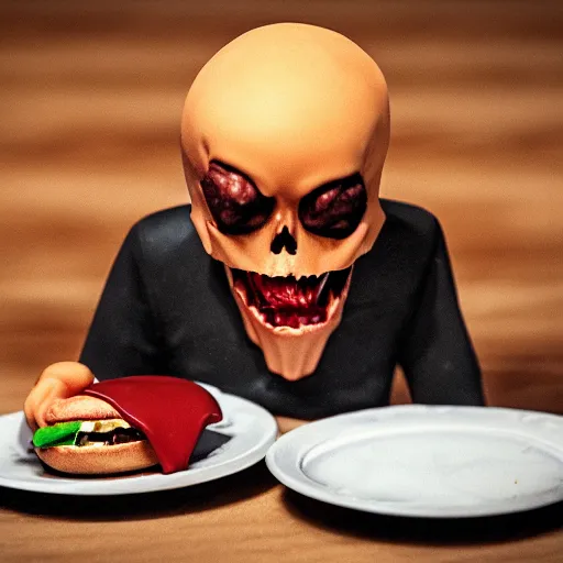 Prompt: the death eating his hamburger in a restaurant, modeling clay style