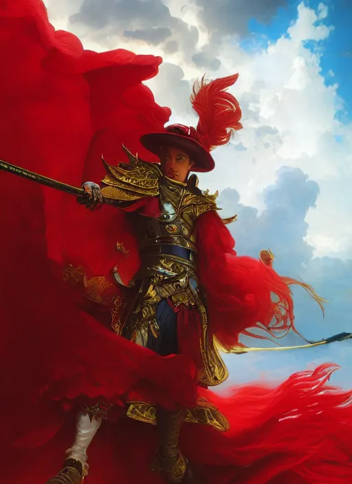 Image similar to A boisterous Red Mage wearing striped shining armor and a feathered hat holding a staff of power surrounded by an epic cloudscape. Magus. Red Wizard. Morpheus. masterpiece. 4k digital illustration. by Ruan Jia and Artgerm and Andreas Rocha and William-Adolphe Bouguereau and Edmund Blair Leighton. award winning, Artstation, intricate details, realistic, Hyperdetailed, 8k resolution. Concept Painting. Key Art