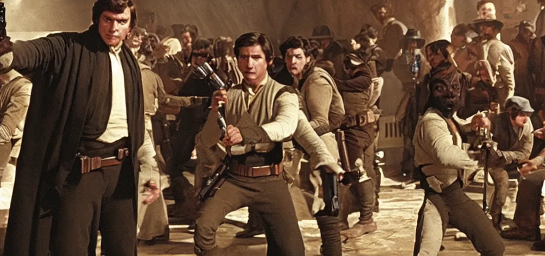 Image similar to a screencap from the cantina scene in the movie star wars of 1 8 7 6