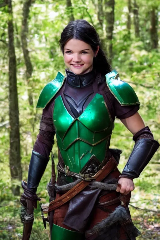 Prompt: fantasy character photo, live action. female ranger. danielle campbell. manic grin, yandere. tall, lanky, athletic, wiry. brown & dark forestgreen leather armor. small tilted lightgreen feathered cap worn at jaunty angle. black hair in ponytail. bright blue eyes.