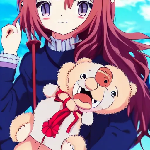 Prompt: a girl holding a teddy bear and laughing hysterically, anime art, anime key visual