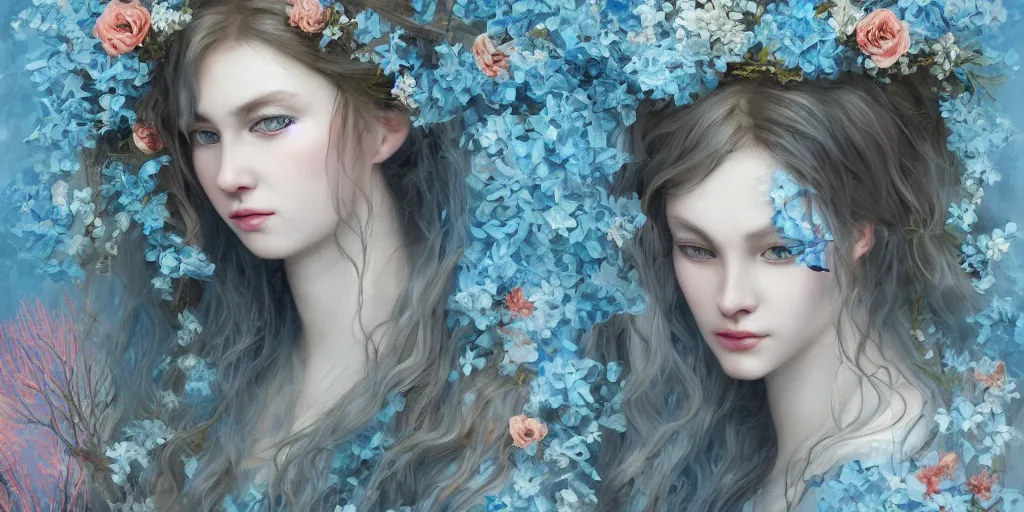 Image similar to breathtaking detailed concept art painting portrait of the hugs goddess of light blue flowers, carroty hair, orthodox saint, with anxious piercing eyes, ornate background, amalgamation of leaves and flowers, by hsiao - ron cheng, extremely moody lighting, 8 k