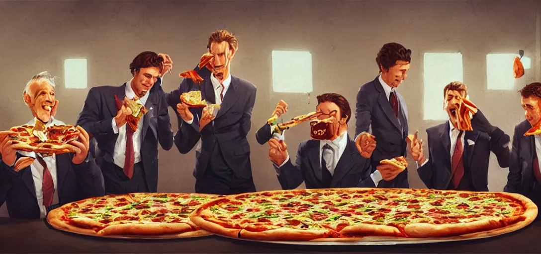 Prompt: men in suits eating a pizza, 80s style, happy, 8k, james gurney, greg rutkowski, john howe, artstation