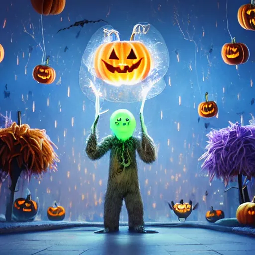 Image similar to halloween festival, expressive eyes, floating, rbc, bunny, radiolaria, protophyta, micro - organisms, center frame, symmetric, rim light, marine microbiology, bioluminescence, electric, fur, soft, concept art, intricate details, highly detailed, colorful, photorealistic, disney pixar, octane render,