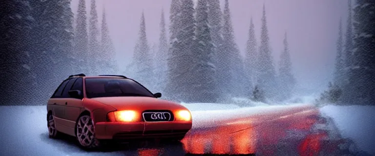 Image similar to Audi A4 B6 Avant (2002), a gritty neo-noir, dramatic bright lighting, cinematic, establishing shot, extremely high detail, photorealistic, cinematic lighting, artstation, by simon stalenhag, Snowy finnish road, At night, Poets of the Fall - Late Goodbye