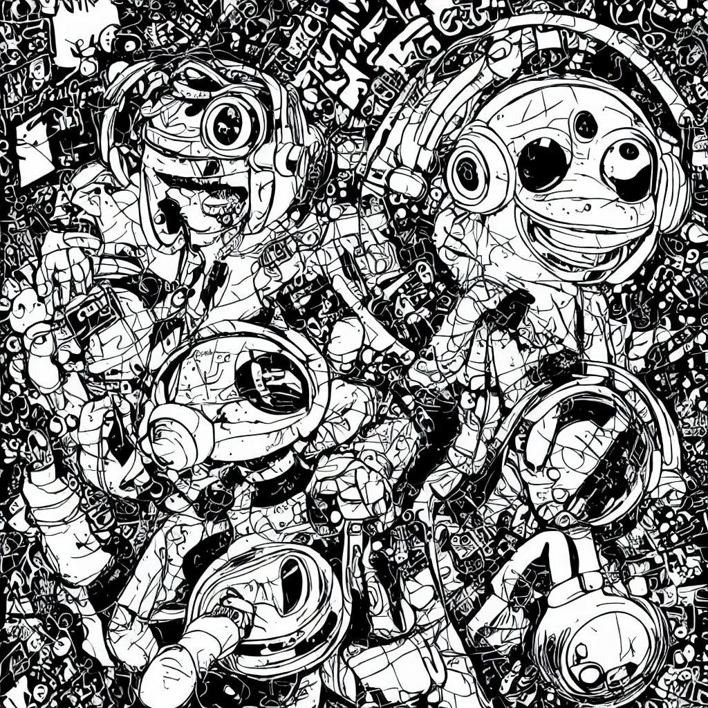 Image similar to a toad wearing headphones, ryuta ueda artwork, breakcore, style of jet set radio, y 2 k, gloom, space, cel - shaded art style, sacred geometry, data, minimal, code, cybernetic, dark, eerie, cyber