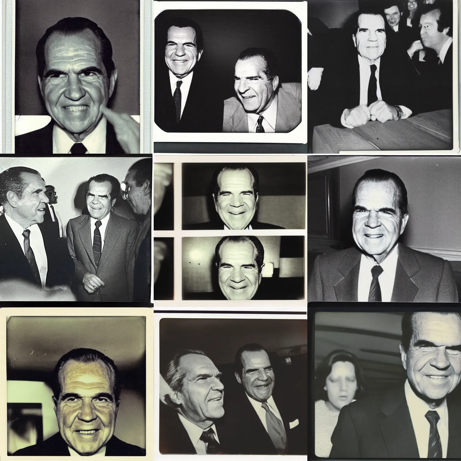 Prompt: old polaroid from 1 9 7 2 depicting richard nixon doing funny faces, harsh flash photography, closeup