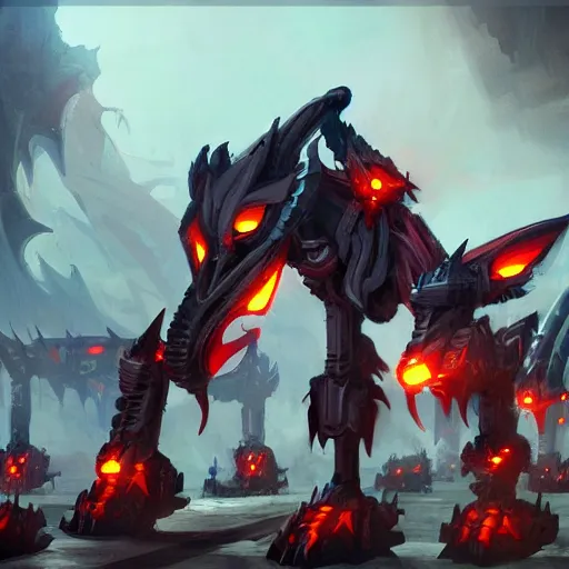 Prompt: a mech dragon in a battle stance surrounded by a horde of evil robots, concept art, digital painting, trending in artstation