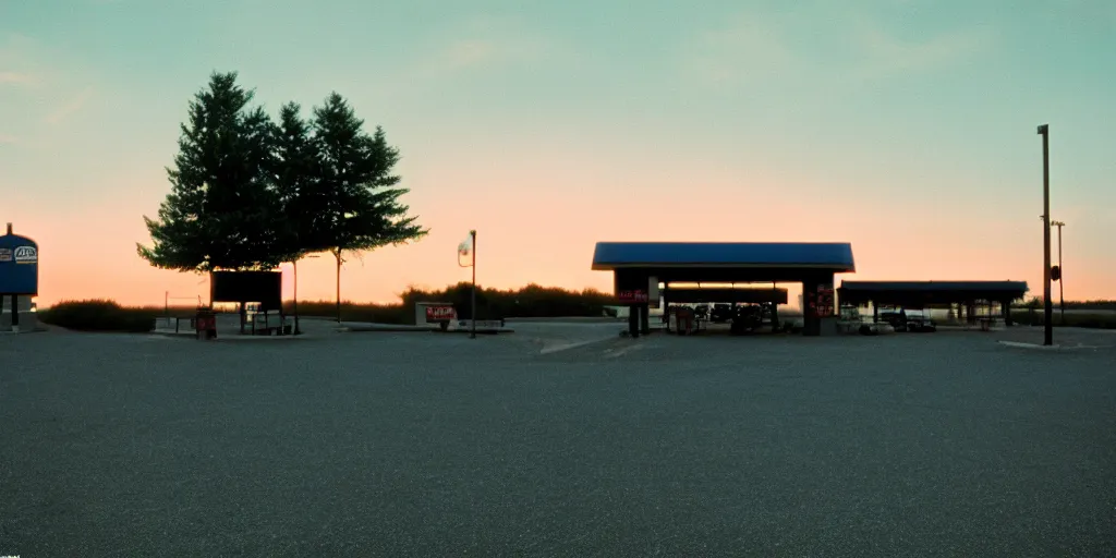 Image similar to a lonely port byron travel plaza in the middle of nowhere, sunset, eerie vibe, leica, 2 4 mm lens, cinematic screenshot from the 2 0 0 1 film directed by charlie kaufman, kodak color film stock, f / 2 2, 2 4 mm wide angle anamorphic