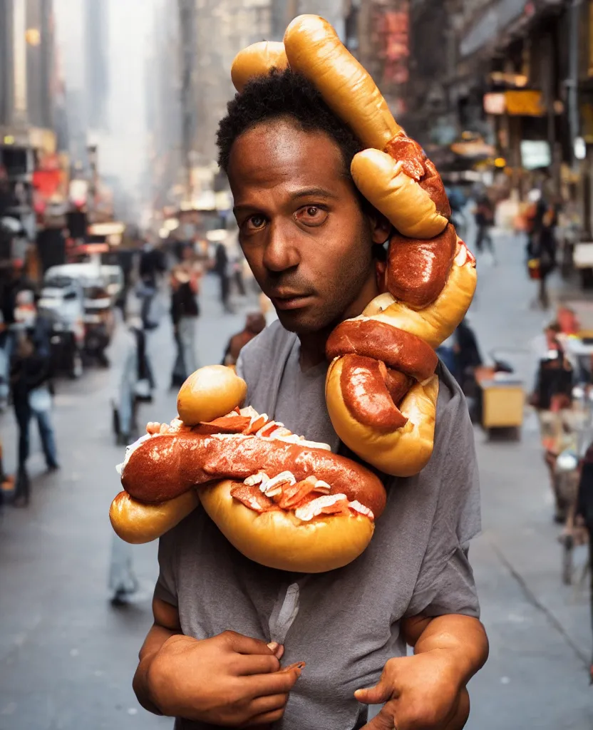 Image similar to closeup portrait of a man carrying a giant hotdog on his shoulder in a smoky new york back street, by Annie Leibovitz and Steve McCurry, natural light, detailed face, CANON Eos C300, ƒ1.8, 35mm, 8K, medium-format print