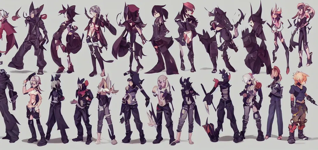 Prompt: character sheet concept art of male video game characters, disgaea, varying builds, unique silhouettes, cute casual streetwear, by marc brunet and artgerm