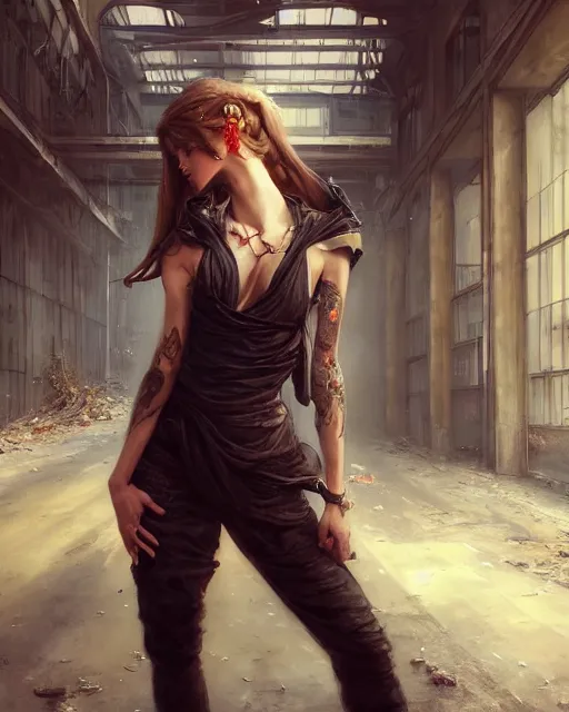 Image similar to daniel gerhartz and artgerm detailed portrait digital rococo painting of a beautiful woman wearing streetwear clothing, abandoned warehouse interior in the background, unreal engine, hyper realism, realistic shading, cinematic composition, realistic render, octane render, detailed textures, photorealistic, ultrawide shot, 3 5 mm film