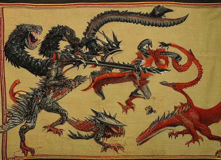 Image similar to Hunter fighting against a Rathalos in medieval tapestry, Monster Hunter, historic, highly detailed, 8k