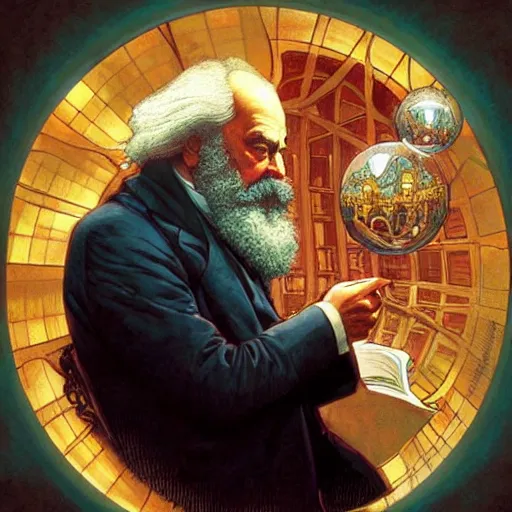 Image similar to Karl Marx pondering his orb, highly detailed, digital painting, artstation, concept art, smooth, sharp focus, illustration, art by todd lockwood and magalie villeneuve and alan lee and artgerm and greg rutkowski and alphonse mucha