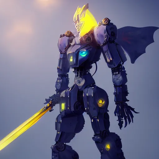 Prompt: dark blue anthro mecha dragon holding a yellow sword, photorealistic, 4k, artstation, 8k wallpaper, unreal engine 5, ue5