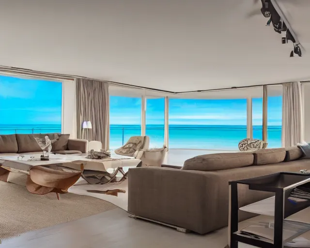 Image similar to A modern living room in a ocean hues style, ocean view, calm, relaxed style, harmony, wide angle shot, 8k resolution