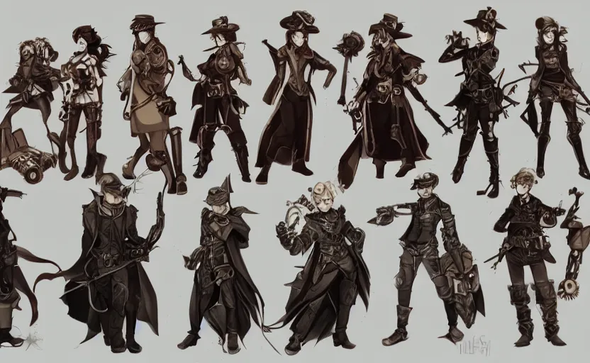 Prompt: roster concept drawing for a steampunk fantasy tactical rpg, anime realism style, characters and weapons, artwork by ross tran