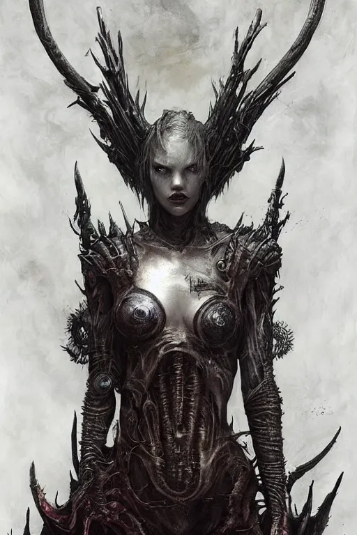 Image similar to portrait of hannah murray by hr giger, greg rutkowski, luis royo and wayne barlowe as a diablo, resident evil, dark souls, bloodborne monster