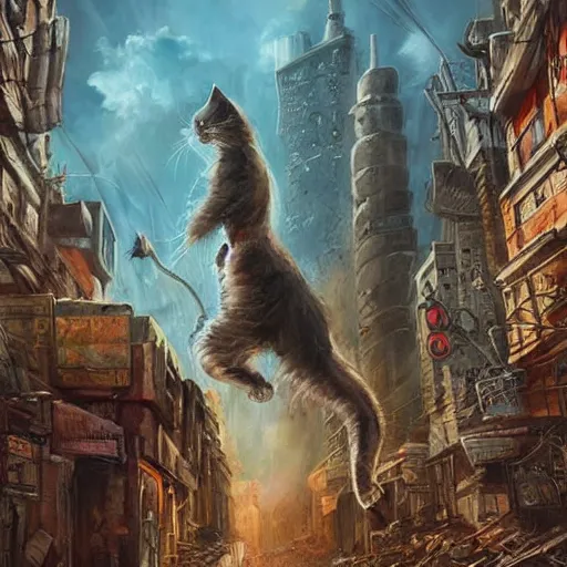 Image similar to gigantic cat walking on apocalyptic city, very detailed fine art, trend of artistation, style of jazinski and repin
