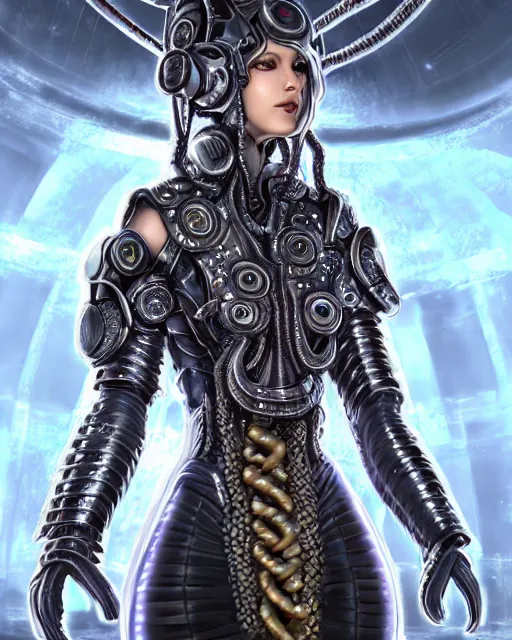 Prompt: ultradetailed realistic RPG cosplay airbrushed digital art portrait-illustration of a beautiful symmetrical lovecraftian Medusa wearing cyberpunk clothes and a reflective armor with decorum!!!!!! standing next to bioluminiscent otherworldly sci-fi towers in a three quarters pose, epic poster art, 3D rim light, octane render, artstationHQ.