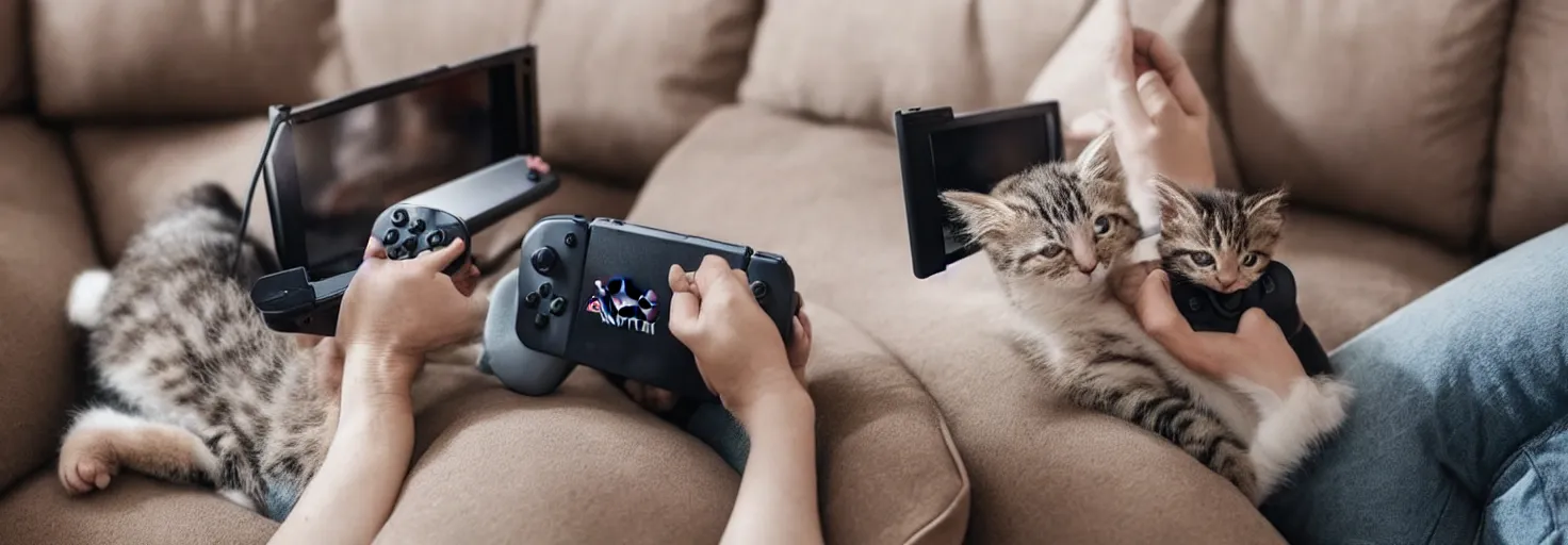 Image similar to a cute kitten playing a video game on an nintendo switch while sitting on the couch
