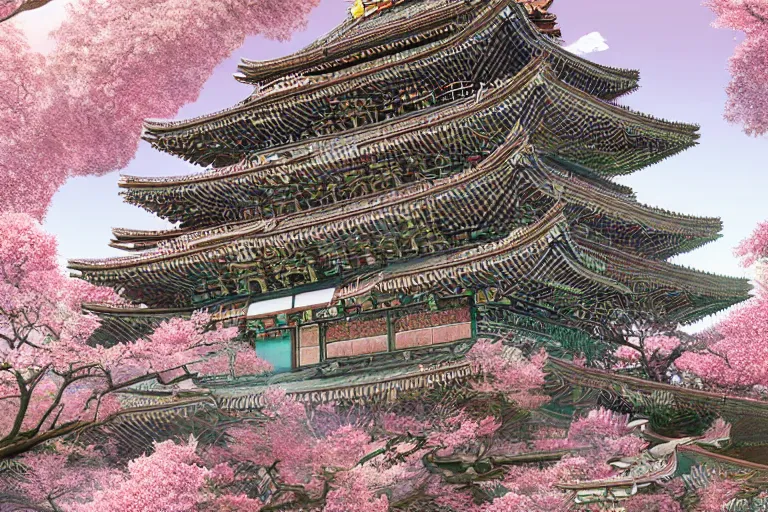 Prompt: hyperdetailed ancient japanese temple in the infinite flowerpunk sakura tree, cinematic highly detailed artstation hyperstylized illustrated by moebius and yoshitaka amano