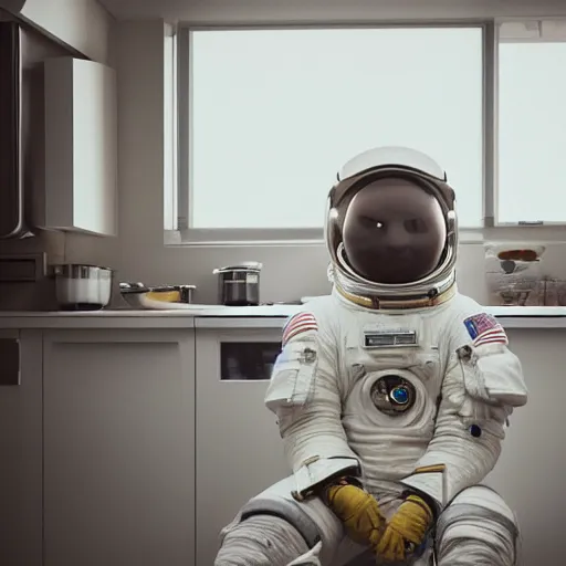 Image similar to a beautiful photo of an astronaut waiting in the kitchen, soft light, morning light, photorealistic, realistic, octane, 8k, cinematic shot