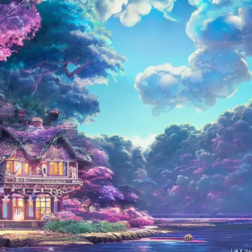 Image similar to the aesthetic view of the beautiful, grand, wistful, dreamy lonely island at dusk, hyperrealistic anime illustration by iralki nadar, colorful, extremely detailed, intricate linework, super sharp focus, bright colors, octopath traveler, studio ghibli, unreal engine 5 highly rendered, global illumination, radiant light, detailed and intricate environment