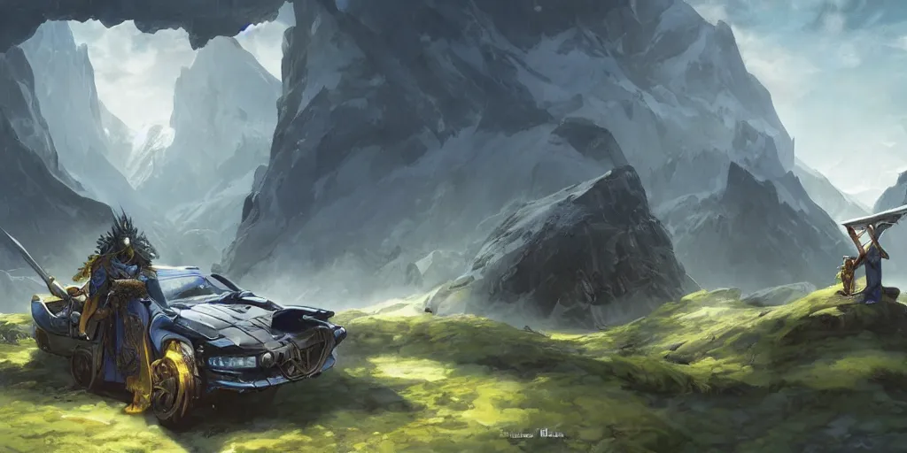 Image similar to wide angle, blue knight with gold sword on top of a green hatchback car, glacier landscape, norway, D&D, fantasy, intricate, elegant, highly detailed, digital painting, artstation, octane render, concept art, matte, sharp focus, illustration, hearthstone, art by Artgerm and Greg Rutkowski and Alphonse Mucha