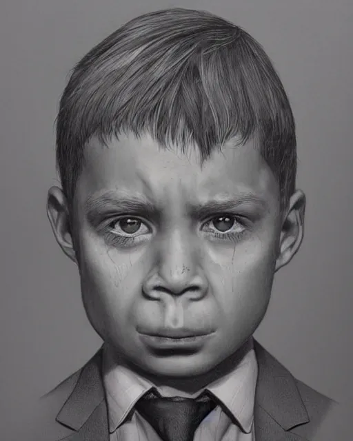 Prompt: portrait of a 7 year old child, gritty, serious, wearing a suit, very detailed eyes, hyperrealistic, beautiful, very detailed painting by Glenn Fabry, by Joao Ruas, by Artgerm