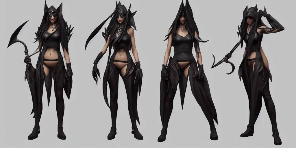 Image similar to Character sheet of coven Akali (League of Legends). 3d render, octane render, game art, realistic, highly detailed, trending on artstation, 4k, trending on artstation, pixar, cgsociety, unreal engine 5, redshift render, trending on artstation, blender, behance, cg