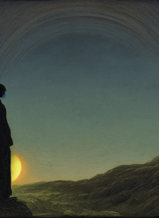 Image similar to a human silhouette observing an eclipse in the distance, painted by caspar david friedrich with chromatic chromatic aberration and datamoshing artifacts