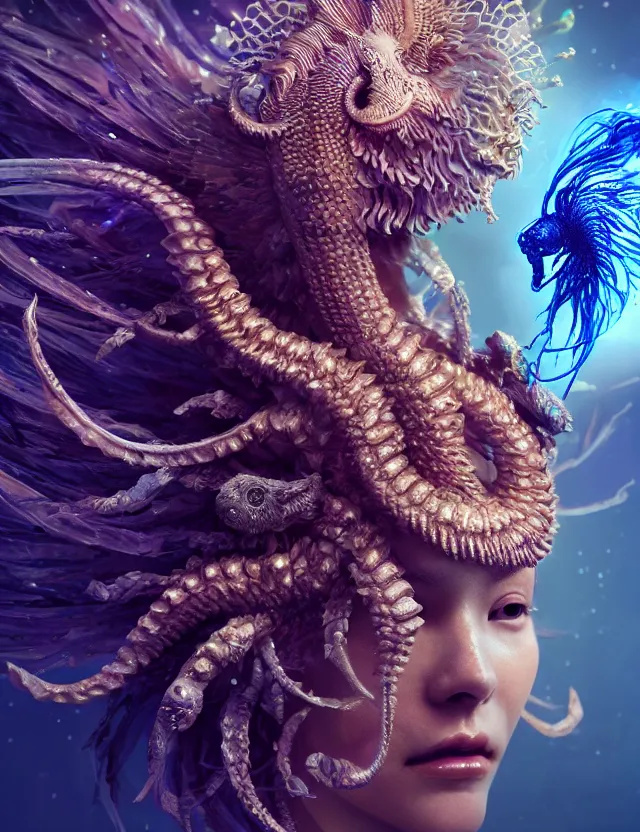 Image similar to render of goddess macro close - up portrait with crown made of phoenix ram skull. betta fish, jellyfish phoenix, bioluminiscent, plasma, ice, water, wind, creature, super intricate ornaments artwork by tooth wu and wlop and beeple and greg rutkowski