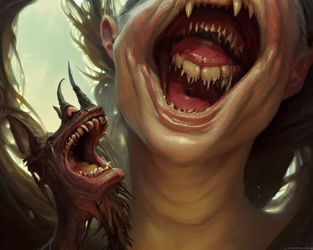 Image similar to a horrible scary old witch laughing with big long hooked teeth, deep focus, d & d, fantasy, intricate, elegant, highly detailed, digital painting, artstation, concept art, matte, sharp focus, illustration, hearthstone, art by artgerm and greg rutkowski and alphonse mucha