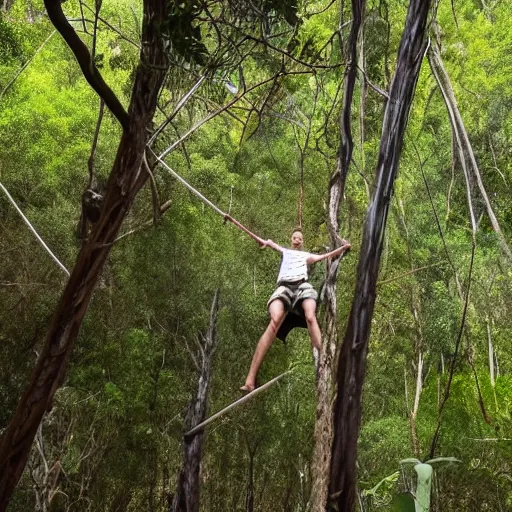Image similar to teenager using rope swing across gully in Australian native bushland in first person perspective