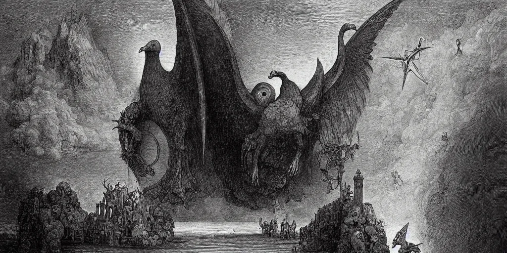 Image similar to gargantuan goose guarding the gates of hell, art by gustave dore, hieronimus bosch