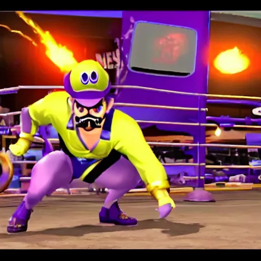 Prompt: A muscular manly Waluigi In Tekken. PSX style graphics, combo alerts on the screen. In battle Elon Fighting Jin Tekken 7.