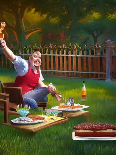 Prompt: a happy middle aged man, fliping burgers in the grill on the lawn. intricate, elegant, highly detailed, digital painting, artstation, concept art, sharp focus, illustration, by justin gerard and artgerm, 8 k